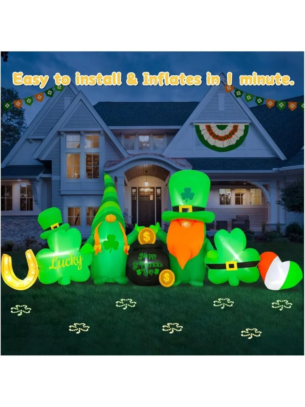 8FT St. Patrick's Day Inflatable Decorations - Leprechaun, Shamrocks & LED